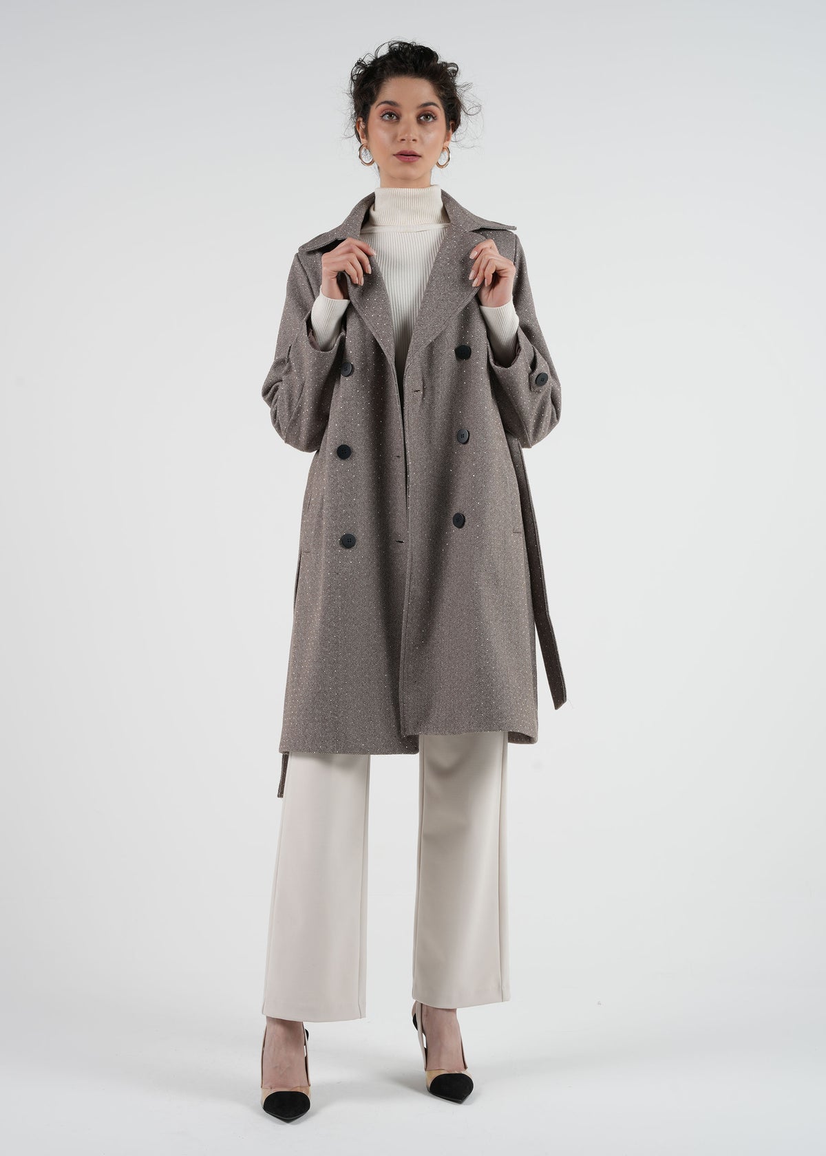 Double-Breast Subtle Embellishments All Over Midi Coat