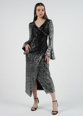 Sequin Wrap Maxi Dress with Flared Long Sleeves