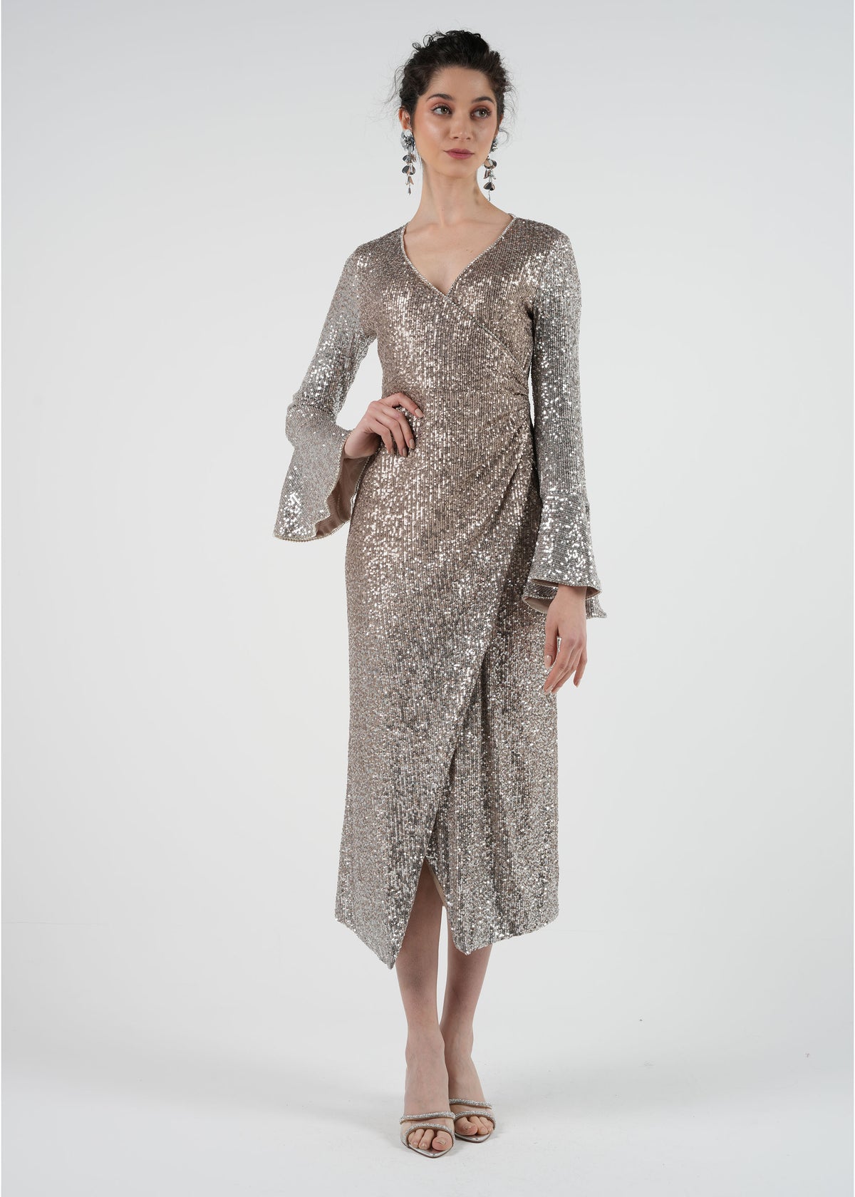 Sequin Wrap Maxi Dress with Flared Long Sleeves