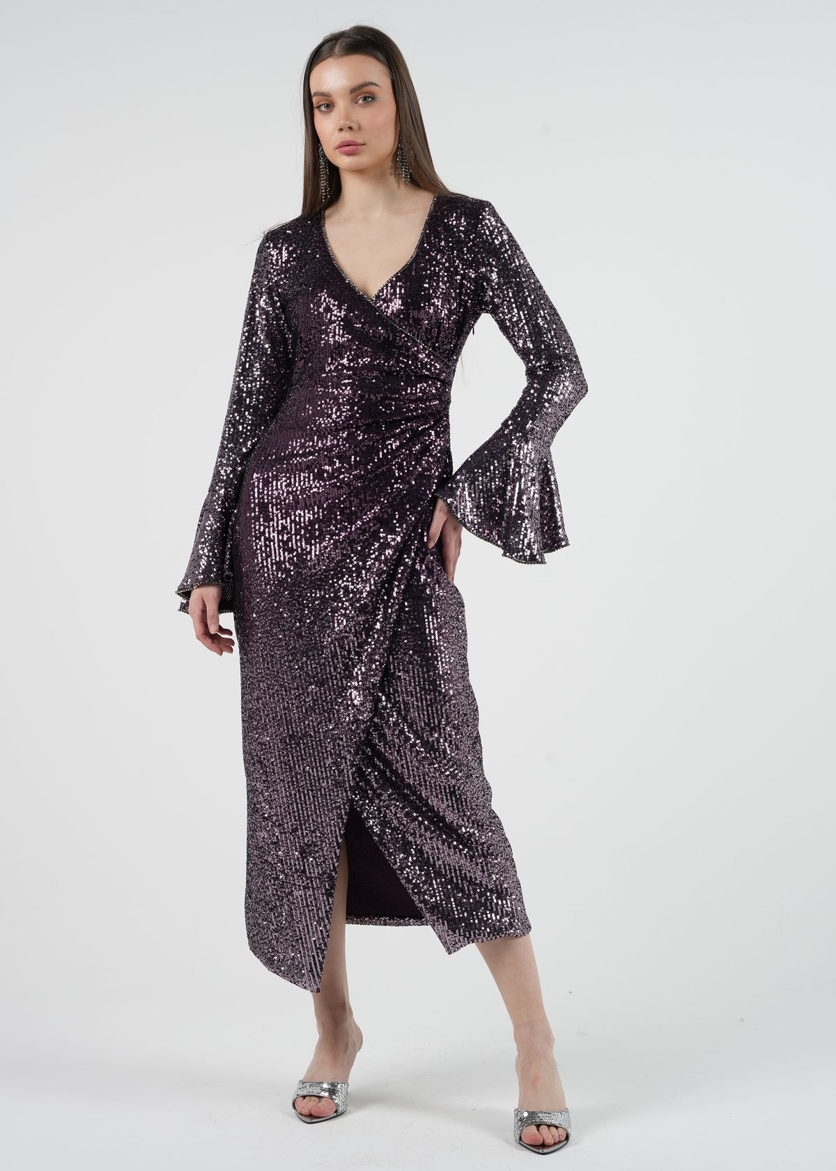 Sequin Wrap Maxi Dress with Flared Long Sleeves