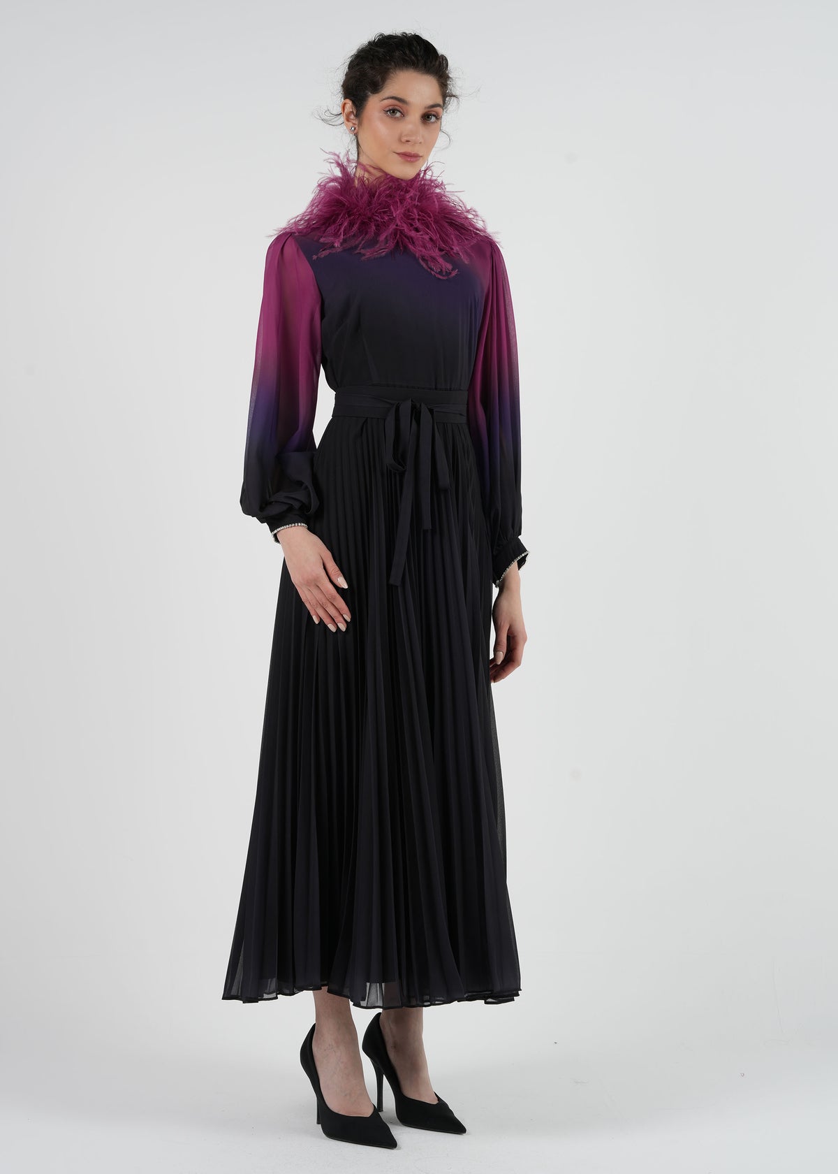 Feathered Neckline Maxi Dress with Ombre Design