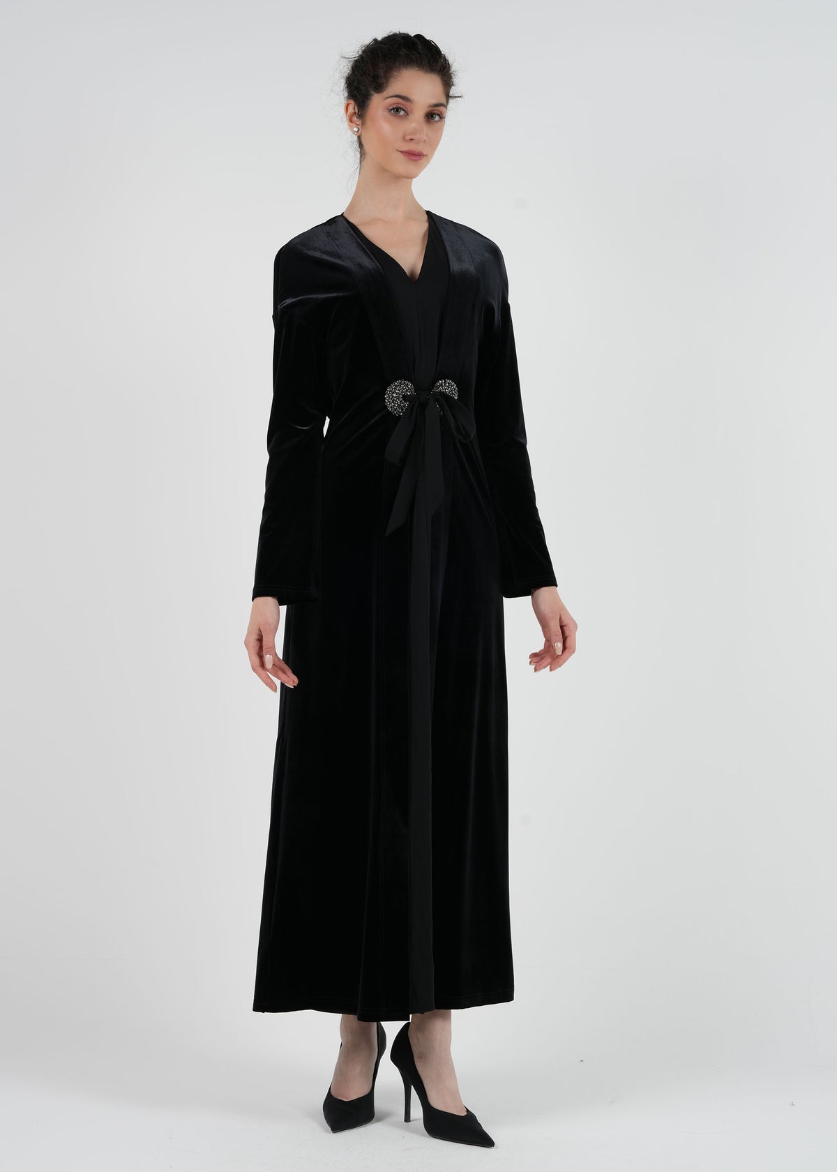 Velvet Maxi Abaya with Embellished Brooches