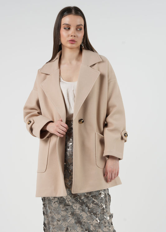 Oversized Double-Breasted Coat with Buttoned Sleeves