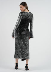 Sequin Wrap Maxi Dress with Flared Long Sleeves