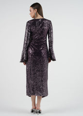 Sequin Wrap Maxi Dress with Flared Long Sleeves