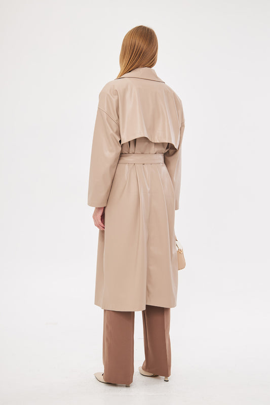 Solid Leather Midi Coat with Front Pockets