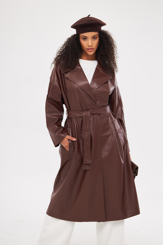 Solid Leather Midi Coat with Front Pockets