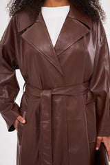 Solid Leather Midi Coat with Front Pockets