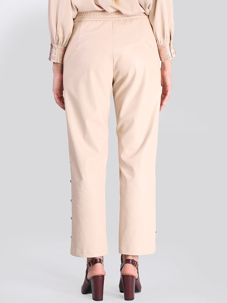 2104002- Straight Leather Pants Button Linen Trim - Montania Shop