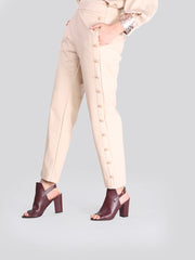 2104002- Straight Leather Pants Button Linen Trim - Montania Shop