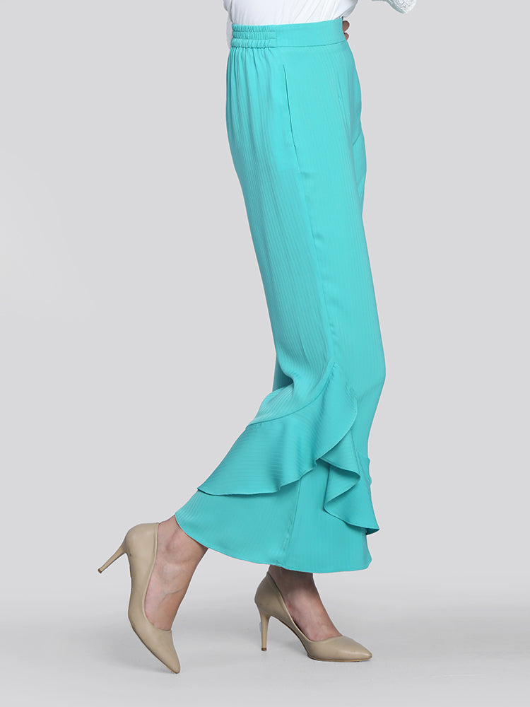 2104007- Asymmetrical Frill Hem Stripes Pants - Montania Shop