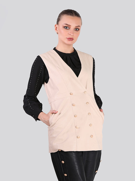 2108001- Double Breasted Buttons Fastening Leather Vest - Montania Shop