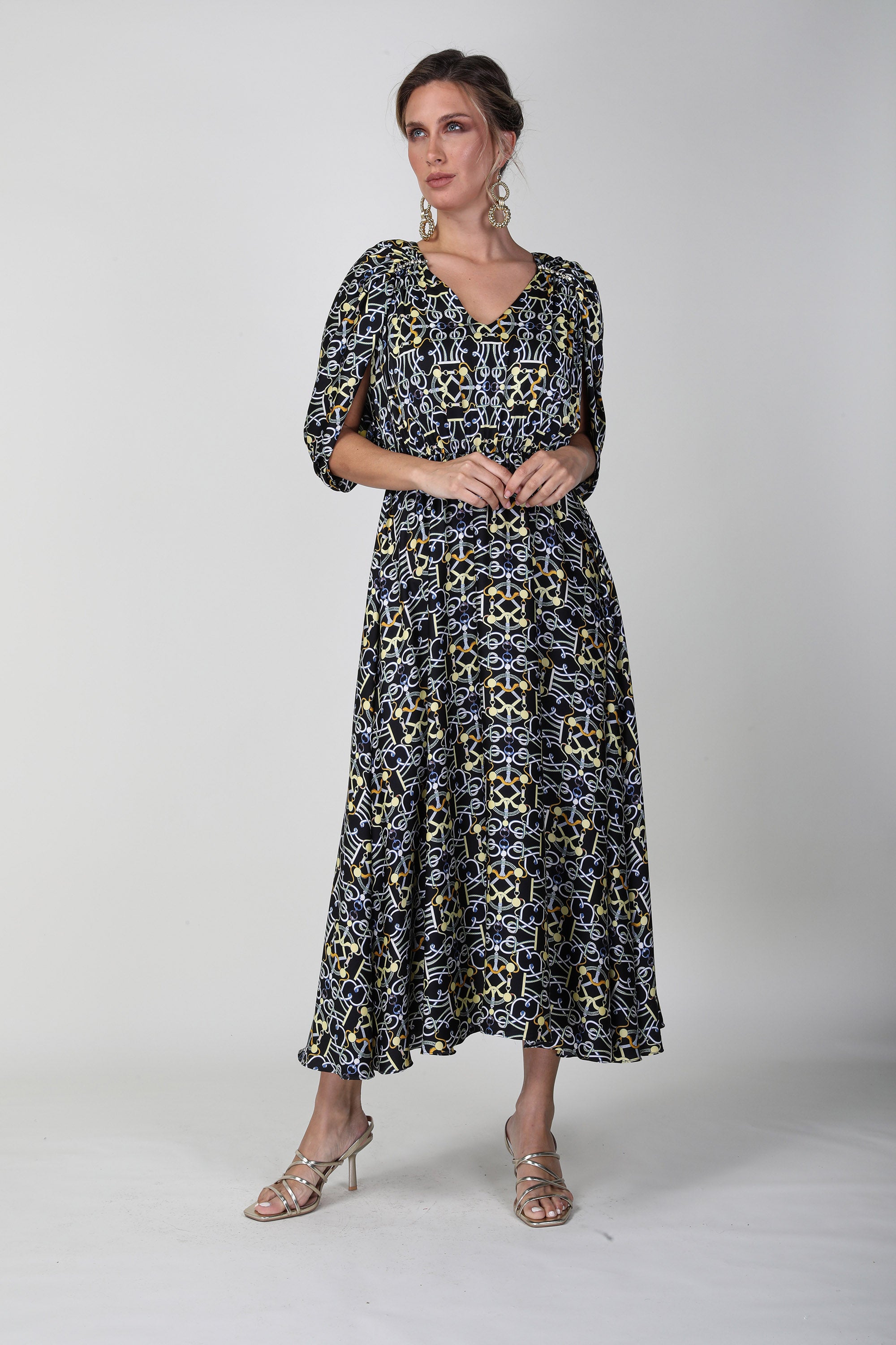 2306007- Cape Sleeve Printed Dress