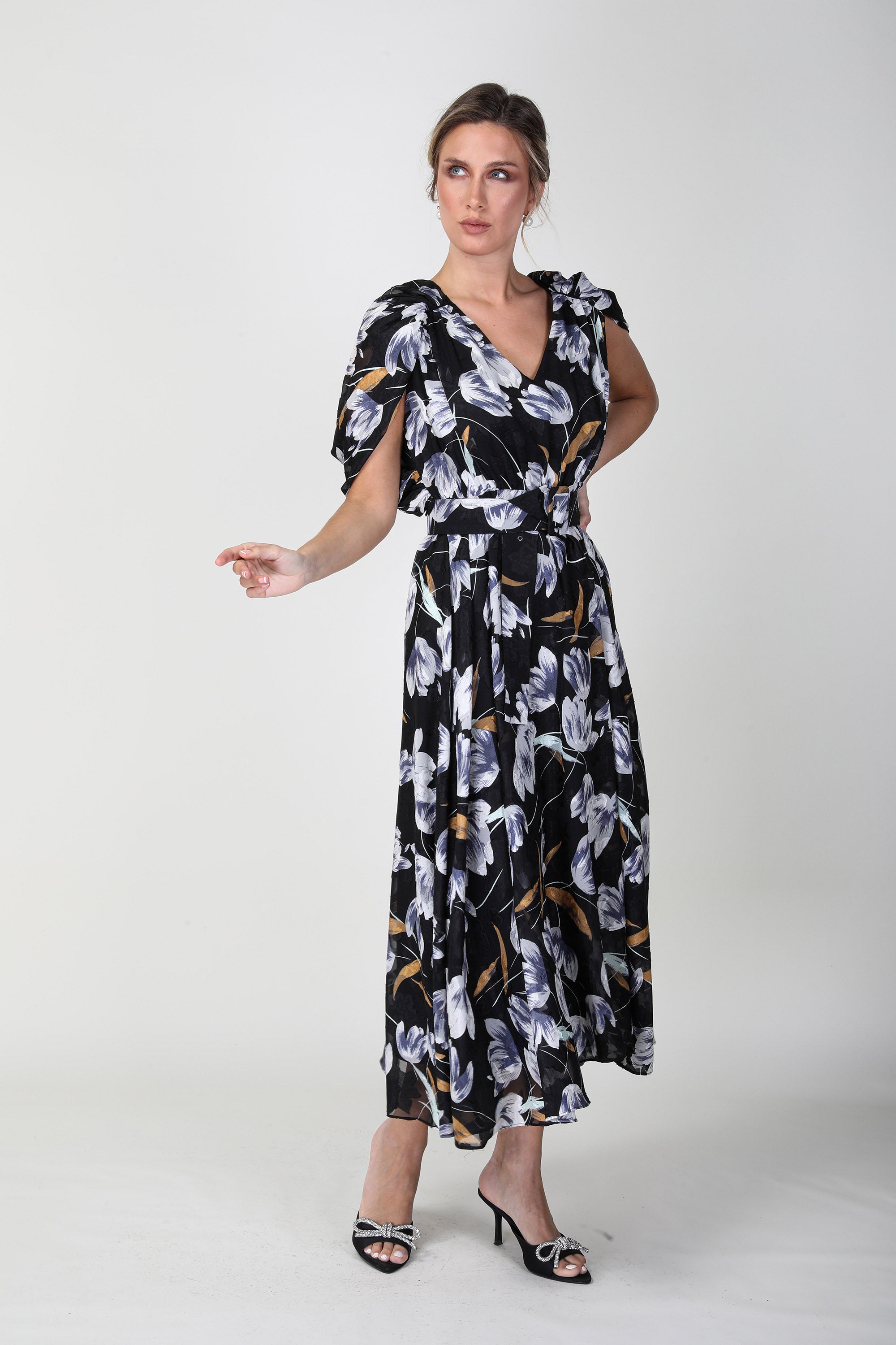 2306017- Cape Sleeve Floral Dress