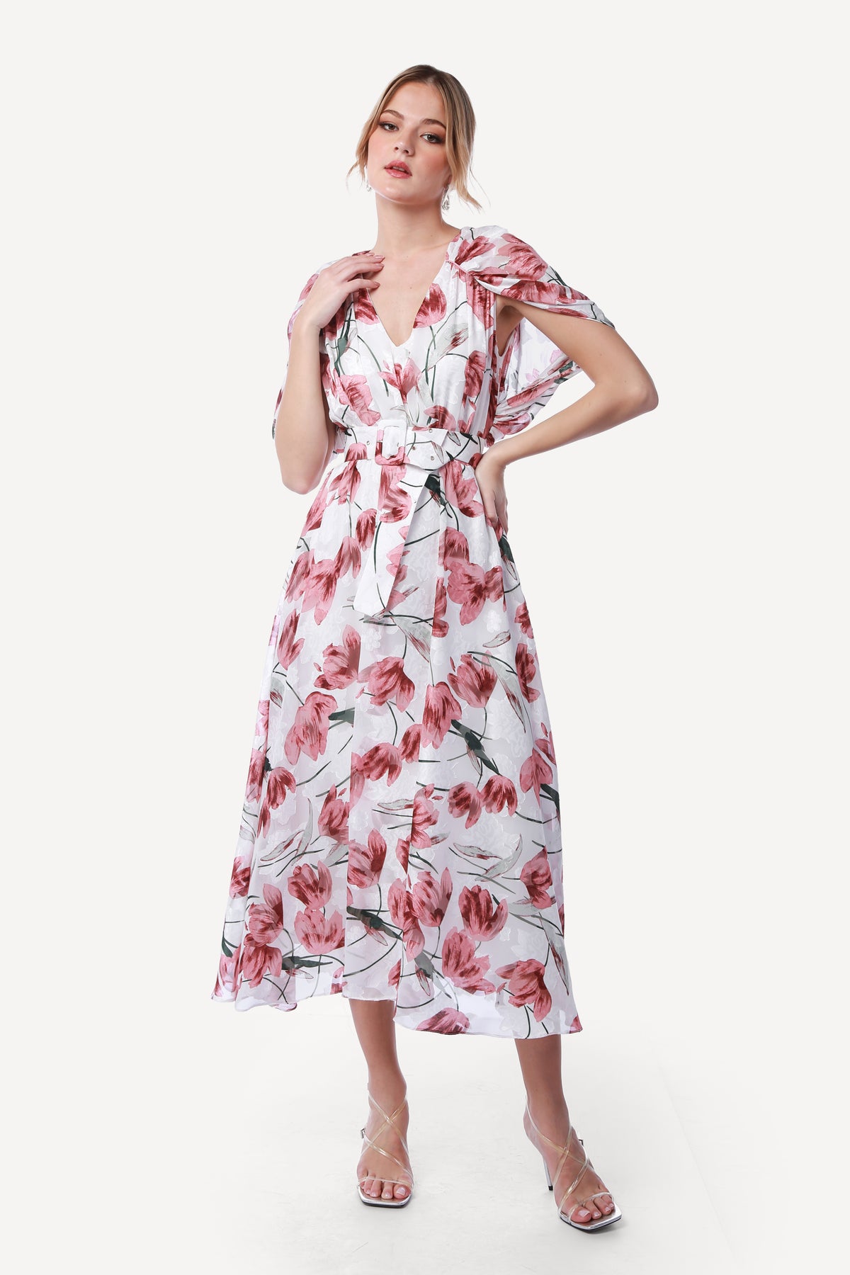 2306017- Cape Sleeve Floral Dress