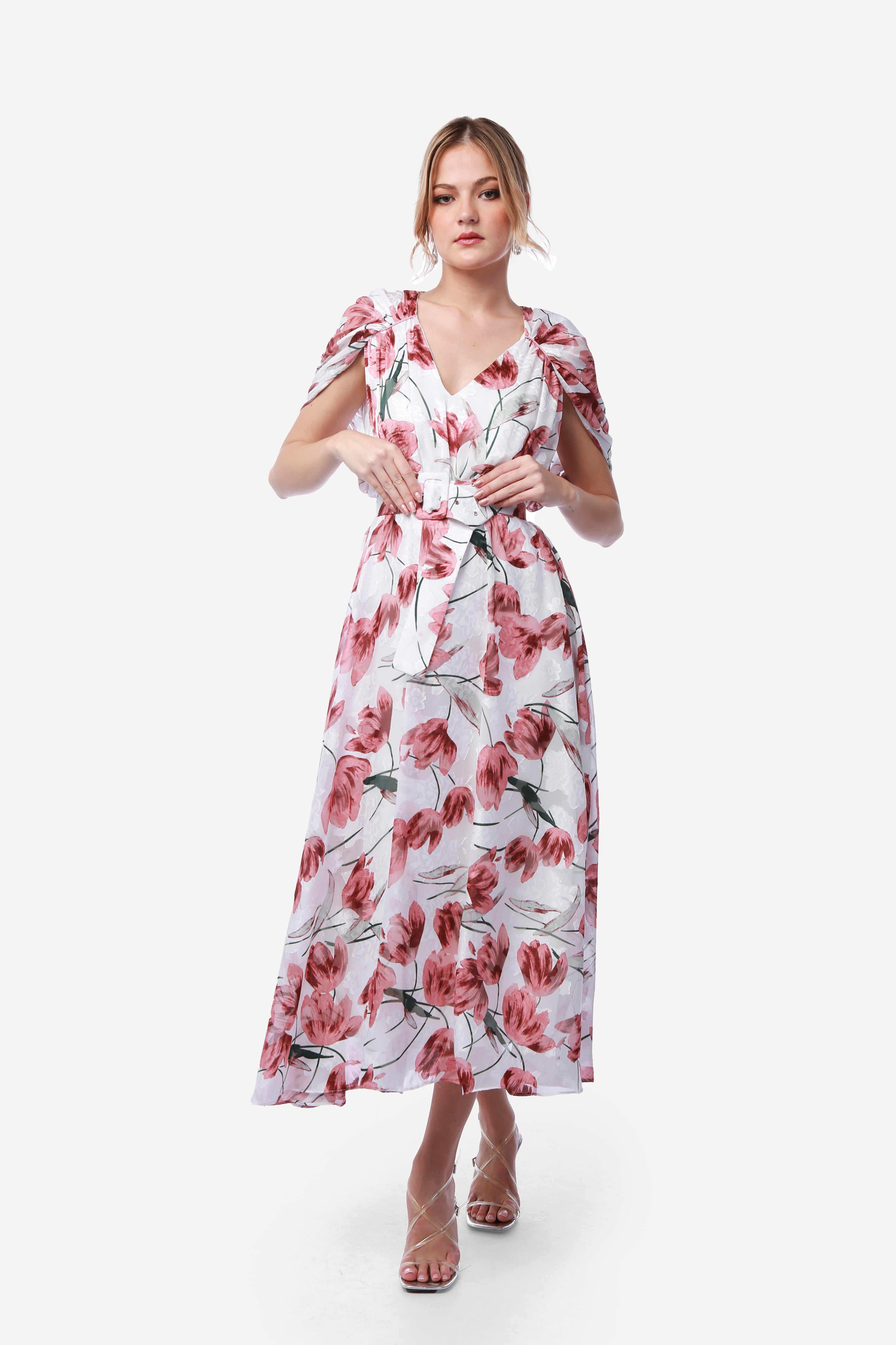 2306017- Cape Sleeve Floral Dress