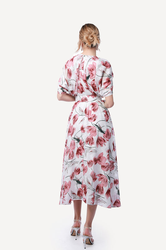 2306017- Cape Sleeve Floral Dress